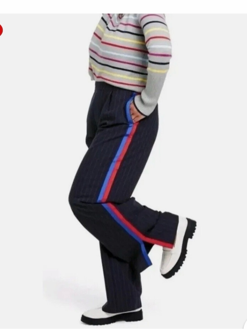 La Ligne Navy Pinstripe Joggers with Red & Blue Side Stripes